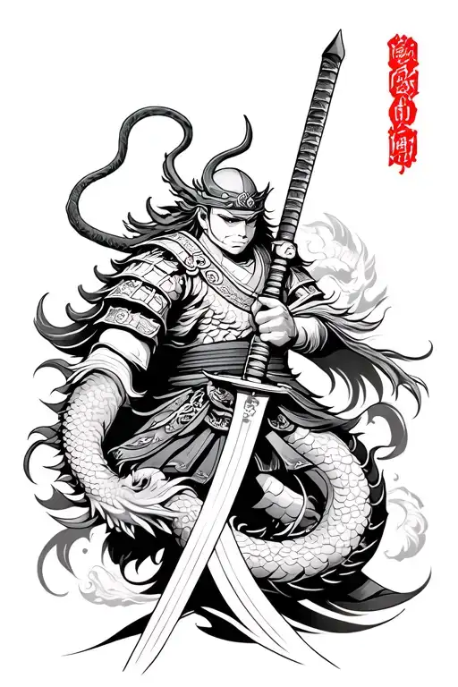 Japanese Warrior With Sword And Dragon For Complete Forearm