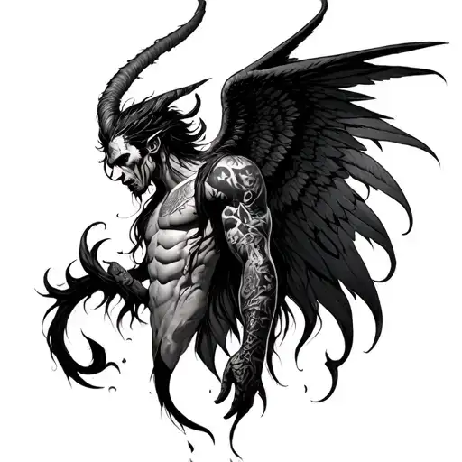 Gothic Male Demon Tattoo Style Long Hair Tail And Wings Full Body