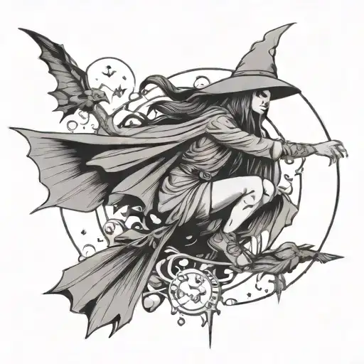 Witch Casting A Spell Crow Crystals Bats Flying