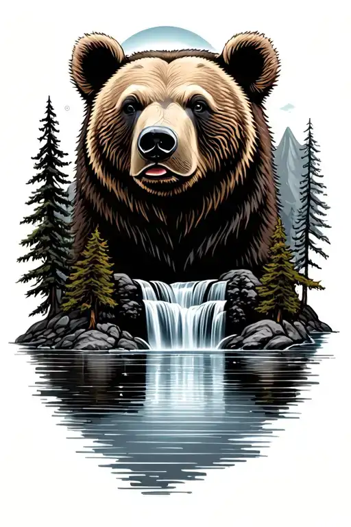 Bear Head An Top Of Water Fall Trees In The Background