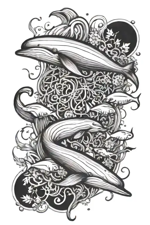 A Tattoo Design Combining Yoga Poses With Elements Of The Ocean Such As Jellyfish And Whales