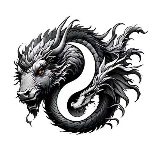 Buffalo And Dragon In A Ying Yang Symbol Intertwined