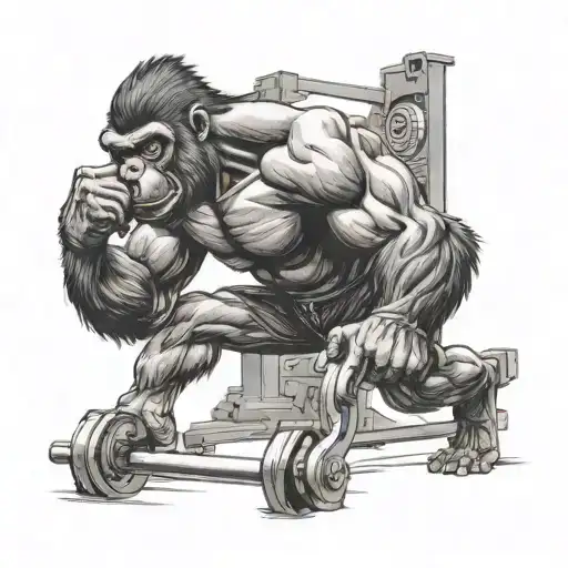 A Black-grey Tattoo Of A Gymrat Gorilla Working Out In A Gym Setting
