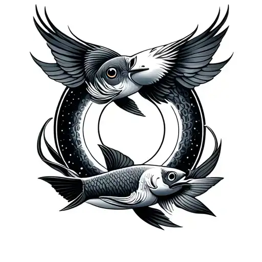 Fish And Bird Circles Each Other Like Pisces Logo Incorporated