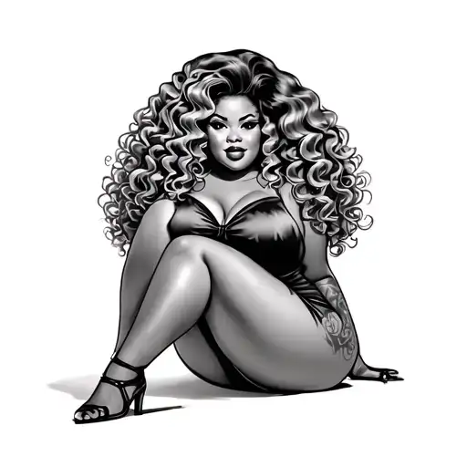 Black Chubby Pin Up Girl Sitting With Big Curly Hair