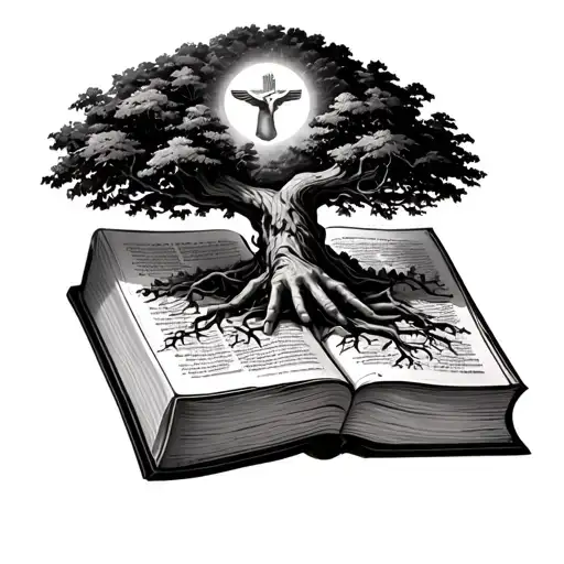 Tree Growing Out Of A Bible With A Hand Of God Above It