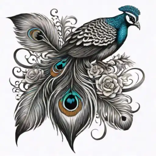 Peacock Feather Cover Up With Small Little Sparrows Infinity Tatto Black And White