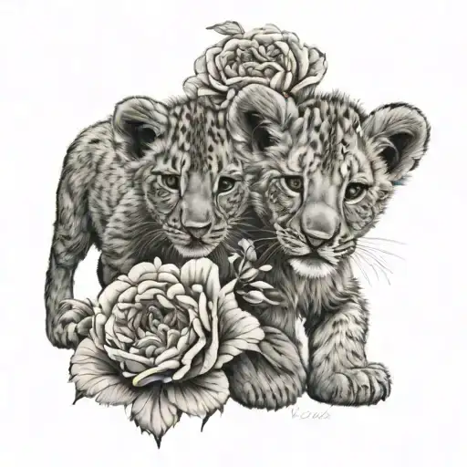 Two Lion Cubs In Peony Baby's Breath
