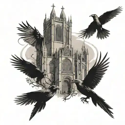 Gothic Cathedral Tower Crows Flying