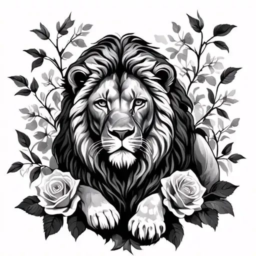 Resting Lion Surrounded By Roses And Branches