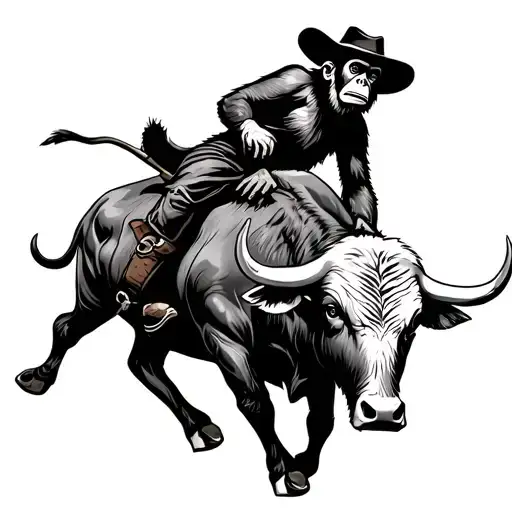 Cowboy Monkey Riding A Wild Bull