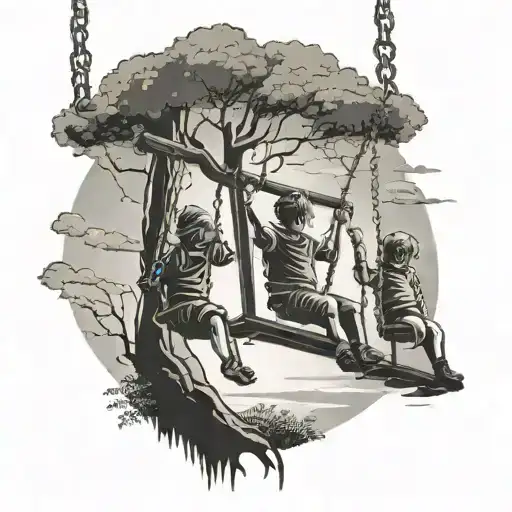 3 Silhouettes Of Children On A Swing Hanging