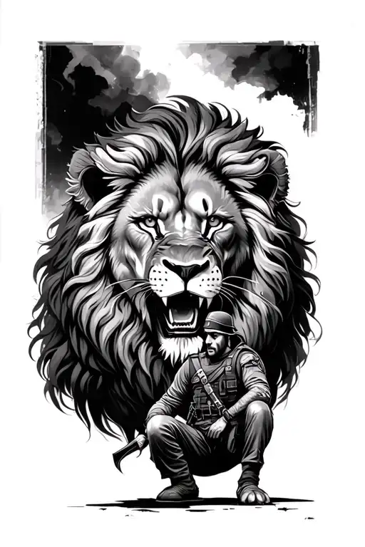 Hazel Eyed Lion Roaring With Polish Soldier Kneeling Under The Lion