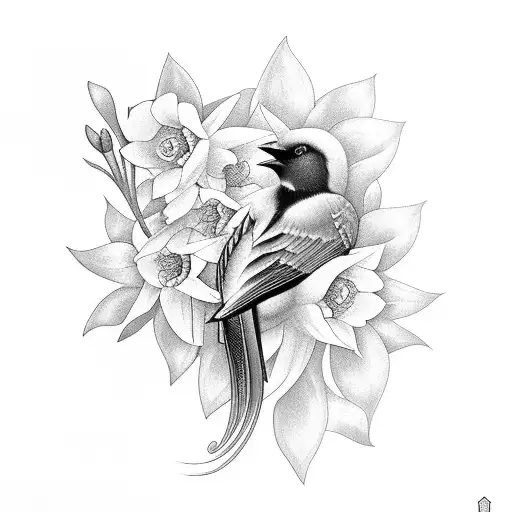 Singing Bird Surrounded By Daffodils