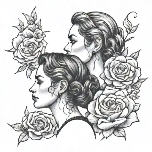 Tattoo Featuring Mother And Daughter Line Drawing With Flowers Coming Out Of Their Heads