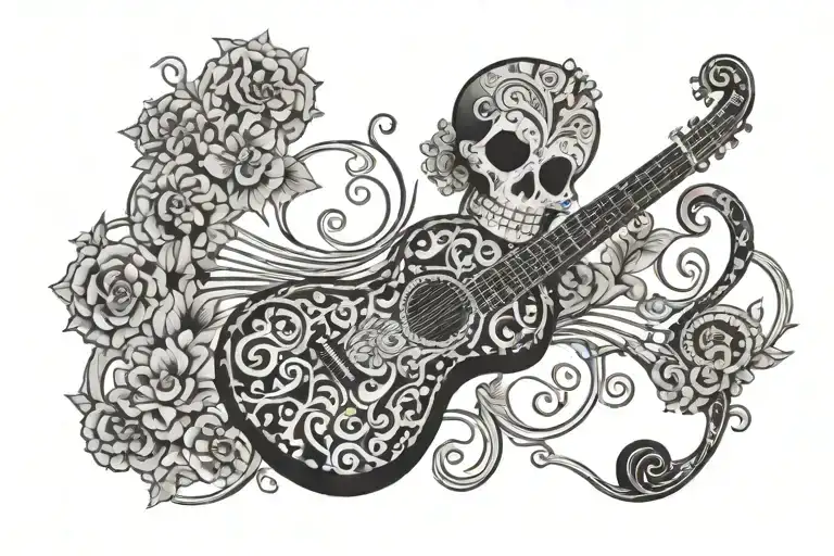 An Intricate Black And Grey Design Of A Quilt With Hidden Sugar Skulls And Music Motifs