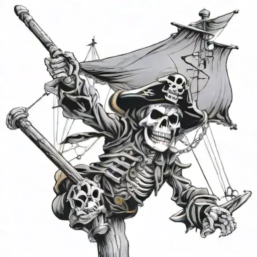 A Pirate Skeleton Climbs The Mast And Reaches Out To The Flag At The Top Of The Mast