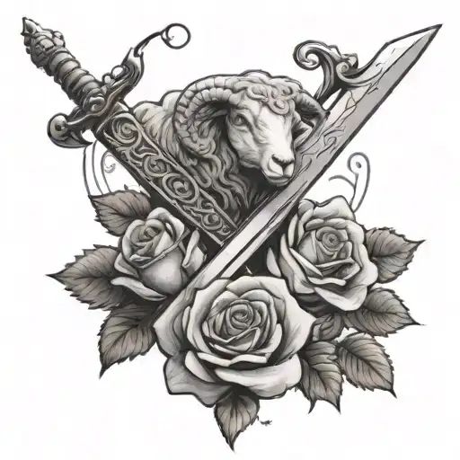 Medieval Sword With Rose Intertwined And A Baby Sheep Blended In