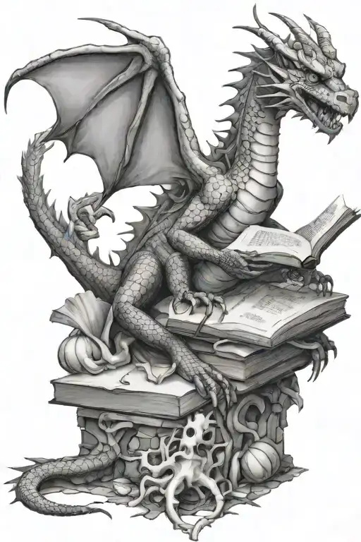 Dragon Sitting On Pile Of Bones Reading A Book