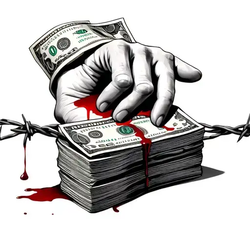 Bloody Hand That Pulls The Barbed Wire Behind Which Lies A Stack Of Money