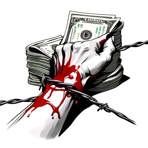 A Bloody Wrist That Pulls The Barbed Wire Behind Which Lies A Stack Of Money