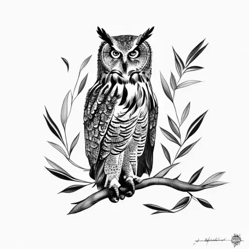 Eagle Owl On Olive Branch