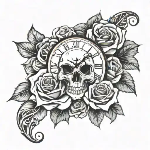 Clock Skull Rose