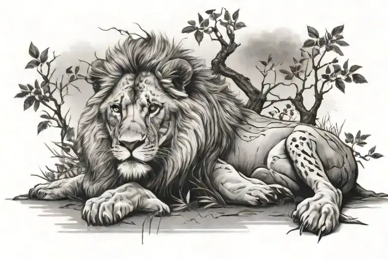 Female Lion Laying On The Ground Next To 2 Trees