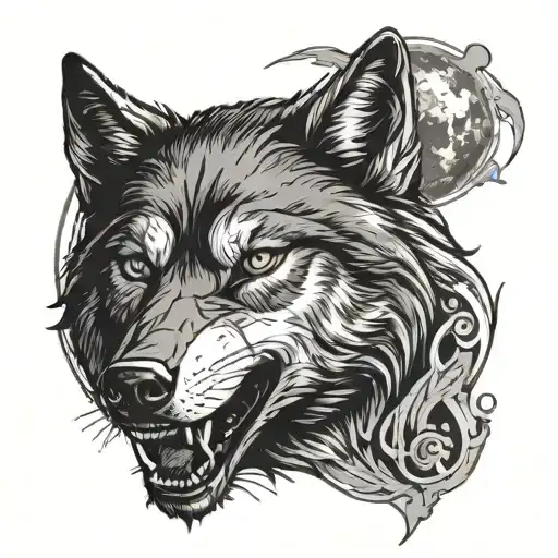 An Angry Wolf Face With A Crescent Moon In The Background In Black-grey Style