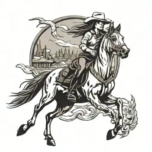 Cowgirl Riding Horse Rearing At Wolf