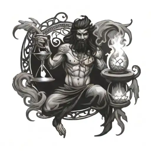A Djinn Holding An Hourglass Made Of Smoke And Vines