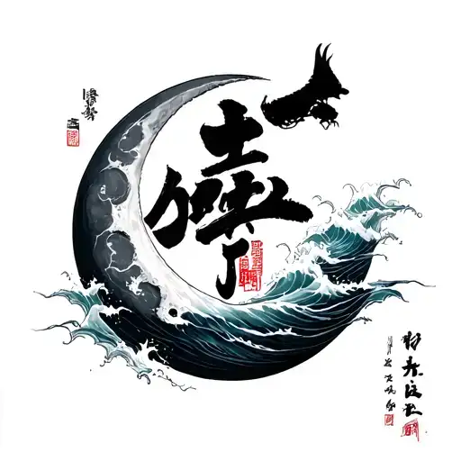 Moon Wolf Sea Chinese Letters For Go With The Flow
