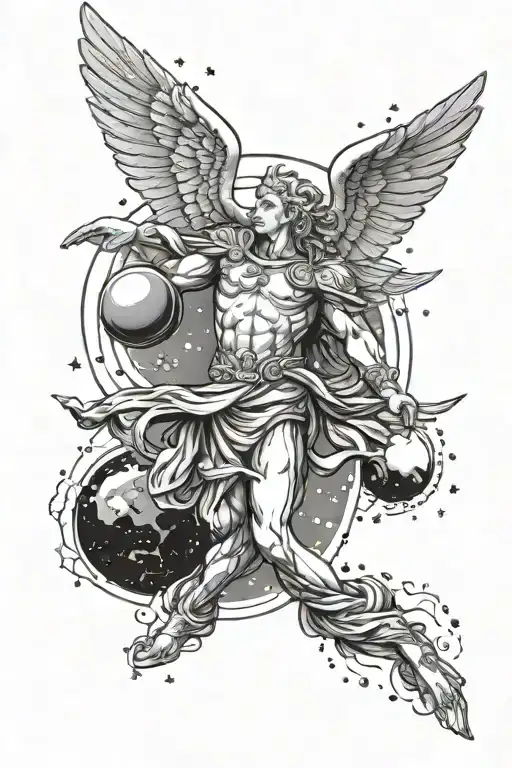 Icarus Statue Flying In Space With Planets And Stars