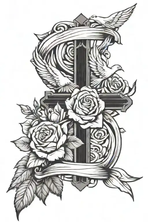 Religious Cross With Doves And Roses