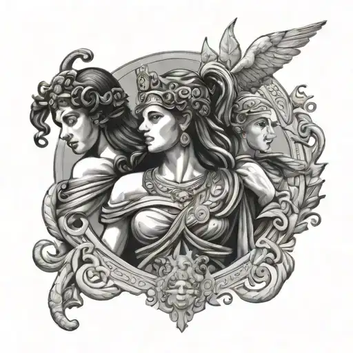 Greek Mythology Athena With Artemis And Medusa Surrounded