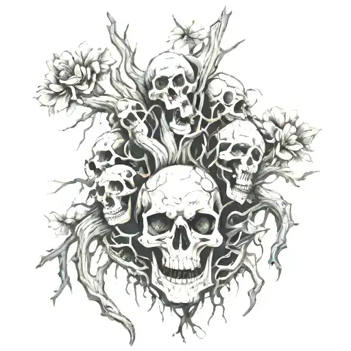 Tattoo With Lots Of Skulls And A Dead Tree Growing