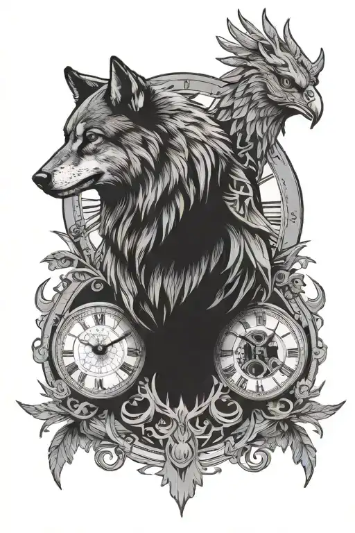 Wolf And Eagle Against The Background Of A Clock