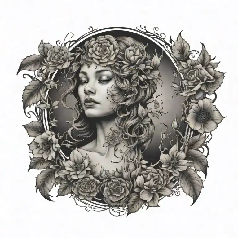 Nature Goddess Surrounded Realism Blackwork