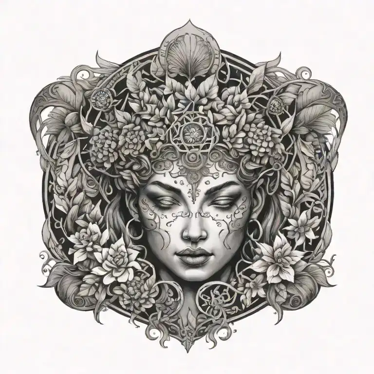 Nature Goddess Surrounded Realism Blackwork