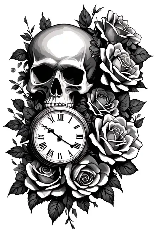 Skull And Clock Embedded With Roses