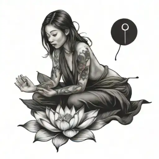 Realism Woman Meditating One Lotus Flower Near Her Feet Surrounded With Cherry Bloss