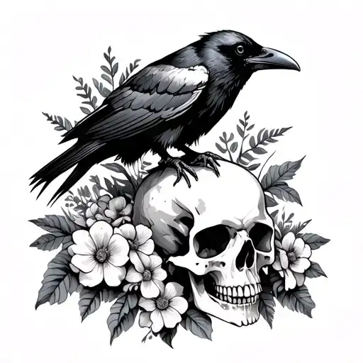 Raven Sitting On Top Of Skull Surrounded By Flowers