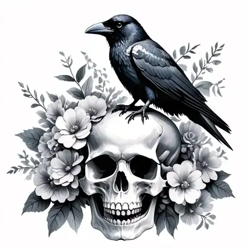Realistic Raven Sitting On Top Of Skull Surrounded By Flowers