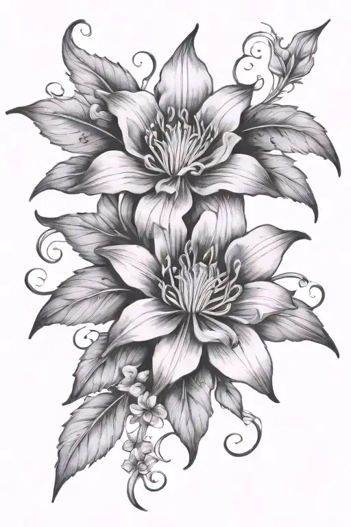 Columbine Flower With Night Rider Lily Flower And Gothic Leaves Under Collar Bone And Done Sternum