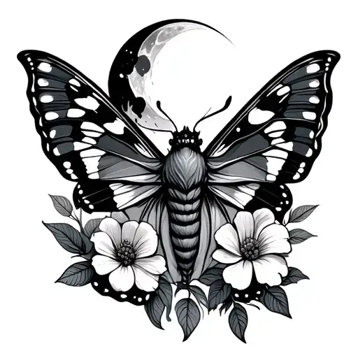 Moth Tattoo With Flowers And Moon
