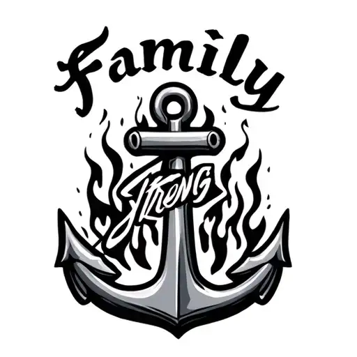 Anchor With The Words Family Strong And Flames On It