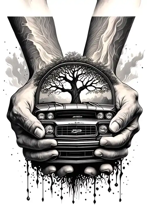 Realism Tattoo Of Hands Holding V8 Motor With Tree Of Life In Background Piece