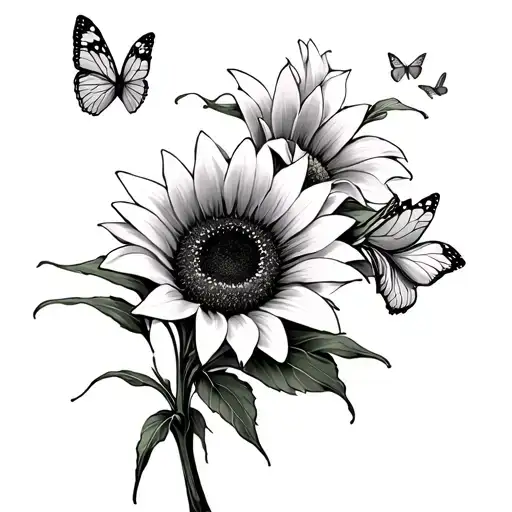 Sunflower And Lily With Stems And Butterflies Flying