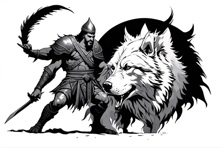 Viking Warrior Battling Ghost Wolf