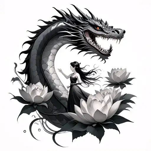 Asian Dragon With A Girl Samurai Flying Past Lotus Flowers